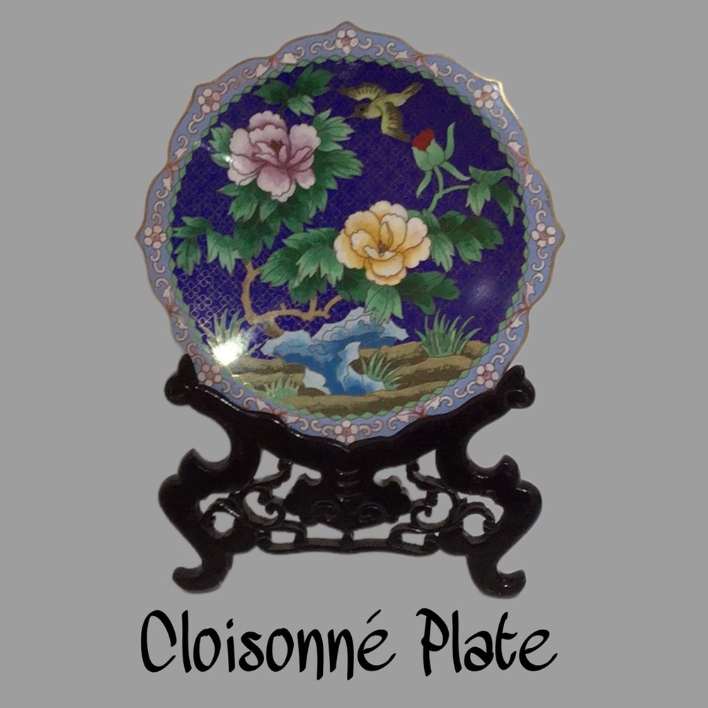 Vintage Cloisonné Enamel Display Plate, Scalloped Edge, Wooden Display Stand